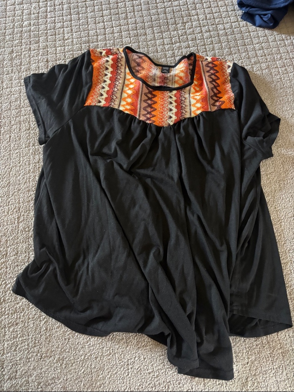 Black Tunic Top with Orange Geometric Embroidered Yoke